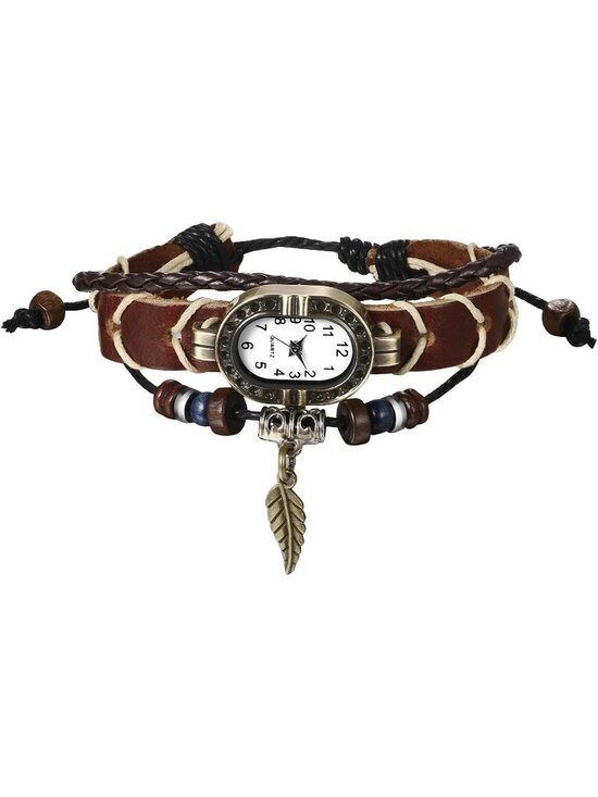 Accessories - Women's Brown Analog Leaf Oval Case Bracelet Weave Wrap Around Leather Watch